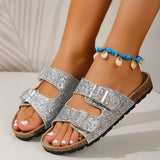Double Buckle Sandals for Women, New Fashion Sequined Beach Shoes, Summer Leisure Outdoor Slippers Slides