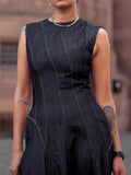 Round Neck Sleeveless Maxi, Women's Denim Dress