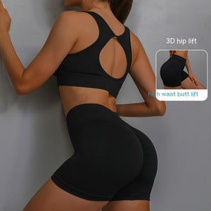 2-piece Sports Fitness Yoga Suit, Breathable Hip-lifting Shorts and Hollow-out Back Bra, Women's Clothing
