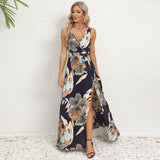 V-neck Floral Print Long Dress, Summer Fashion Waist Tie Slit Design Sleeveless Gown for Women