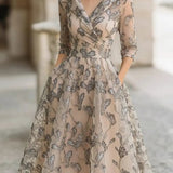 Printed V-neck Long-sleeve Dress for Women
