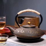 Cast Iron Peony Boiling Teapot, Pig Iron Teapot, Uncoated Tea Set