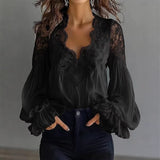 Women’s Lace Patchwork Pleated Shirt with Ruffle Shoulders