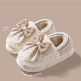 Big Bow-knot Fluffy Winter Warm Covered Heel Cotton Thick-soled Platform Slippers, Indoor and Outdoor Garden Walking Shoes