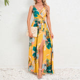 V-neck Floral Print Long Dress, Summer Fashion Waist Tie Slit Design Sleeveless Gown for Women