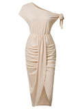 Casual Knitted, Diagonal Collar Waist Slit Dress