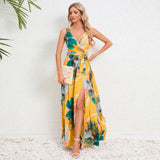 V-neck Floral Print Long Dress, Summer Fashion Waist Tie Slit Design Sleeveless Gown for Women