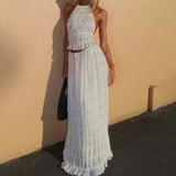 2 Pcs Women's Dress Suit, Sexy Sleeveless Backless Cropped Halter Top and Pleated Long Gown