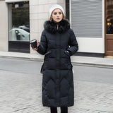 Women's Quilted Cotton-padded Over-the-Knee Jacket with Large Fur Collar
