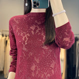 Women’s Half Turtleneck Hollow-out Knit Sweater – Loose Fit Fashion Pullover Top