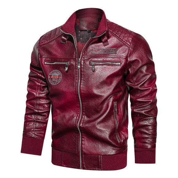 Stand-up Collar Leather Jacket with Pockets