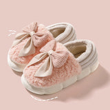 Big Bow-knot Fluffy Winter Warm Covered Heel Cotton Thick-soled Platform Slippers, Indoor and Outdoor Garden Walking Shoes