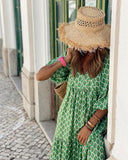 Summer Women's Vintage Printed Bohemian Dress, Elegant Ladies- Casual Loose V-neck Short Sleeve Long Gown