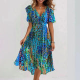 Chiffon Printed Short Sleeve Dress, Summer Elegant V-neck Frock, Women's Clothing