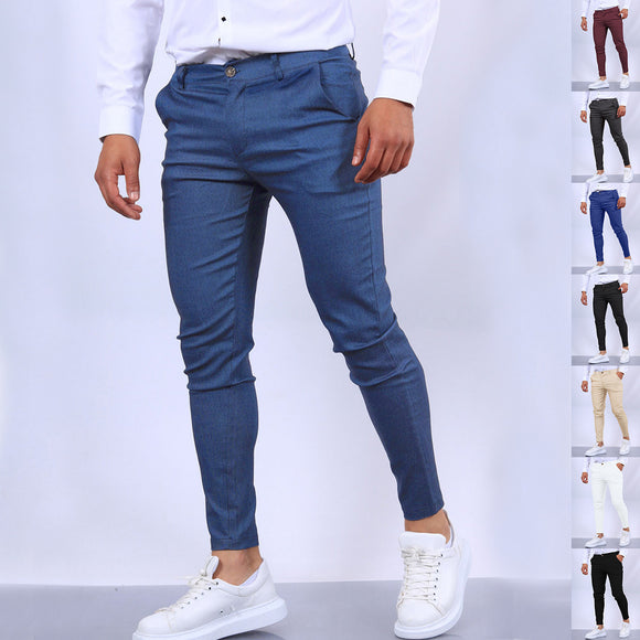 Men's Slim Button Trousers, Office Fashion Solid Versatile Long Pencil Pants