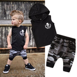 2-Piece Boys Toddler Outfit – Sleeveless Hooded T-shirt & Camo Pants Set