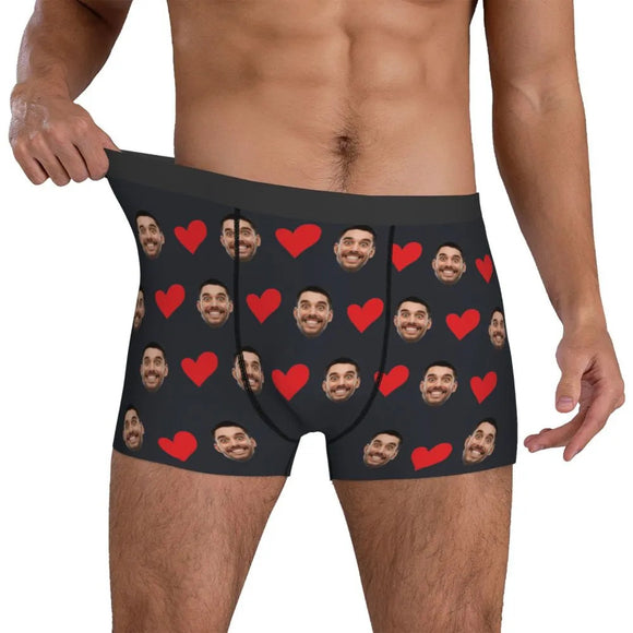 Personalized Face Photo Underwear, Heart Boxers Men's Briefs, Gifts for Husbands, Boyfriends