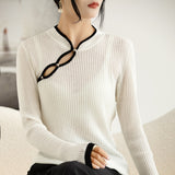 Women’s Hollow-out Knit Sweater with Buckle Stand Collar – Thin Wool Blend Pullover