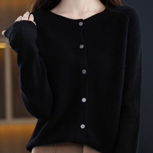 Fashion Merino Wool Cardigan Sweater, Women's O-neck Long-sleeve Cashmere Knitwear, Spring Autumn Female Clothing Tops