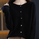 Fashion Merino Wool Cardigan Sweater, Women's O-neck Long-sleeve Cashmere Knitwear, Spring Autumn Female Clothing Tops