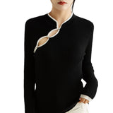 Women’s Hollow-out Knit Sweater with Buckle Stand Collar – Thin Wool Blend Pullover
