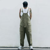 Men’s Retro Wide Leg Cargo Suspender Pants – Straight Fit Work Overalls