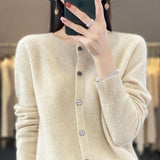 Fashion Merino Wool Cardigan Sweater, Women's O-neck Long-sleeve Cashmere Knitwear, Spring Autumn Female Clothing Tops