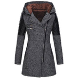 Women’s Warm Slim Wool Coat – Thick Full-zip Hooded Winter Windbreaker with Diagonal Zipper