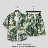 Hong Kong Style Retro Short Sleeve Printed Shirt + Shorts Set