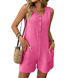 Summer Round Neck Casual Sleeveless Solid Color Short Jumpsuit with Pockets, Women's Turtle Neck Holiday Beach Shorts