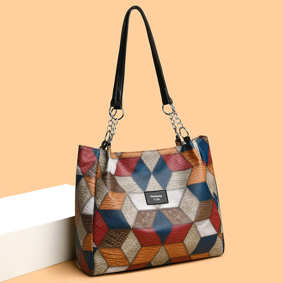 Retro Geometric Pattern Color-matching Shoulder Bag, Fashion Large Capacity Stitching Handbag or Totes for Women
