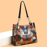 Retro Geometric Pattern Color-matching Shoulder Bag, Fashion Large Capacity Stitching Handbag or Totes for Women