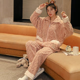 Couples' Autumn Winter Pajama Set, Thick Coral Fleece, K-fashion - Zippered Top and Matching Bottoms