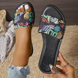 New Fashion Graffiti Print Sandals for Women, Summer Round Toe Low Heel Flat Slippers, Ladies' Slides Casual Beach Shoes