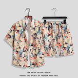Hong Kong Style Retro Short Sleeve Printed Shirt + Shorts Set
