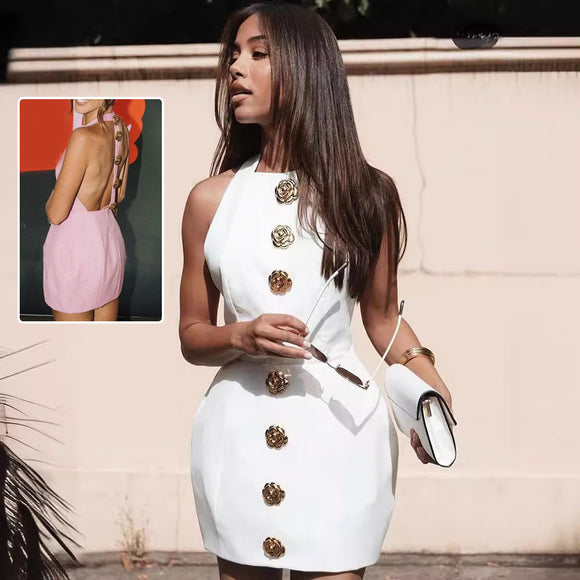 Sweet Sleeveless Backless Dress with Rose Button Design, Summer Street Fashion Dresses, Trendy Women's Clothing