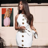 Sweet Sleeveless Backless Dress with Rose Button Design, Summer Street Fashion Dresses, Trendy Women's Clothing