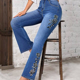 Women's Fashionable Stretch, Floral Embroidered Flared Jeans