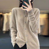 Fashion Merino Wool Cardigan Sweater, Women's O-neck Long-sleeve Cashmere Knitwear, Spring Autumn Female Clothing Tops
