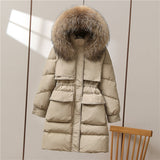 Big Fur Collar White Duck Down Jacket, Overknee Thickened Winter Coat