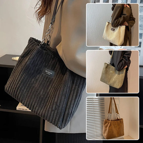 Retro Large Capacity Shoulder Bag, Casual Simple Portable Shopper Tote Bag, Corduroy Solid Commuter Zipper Women's Handbag