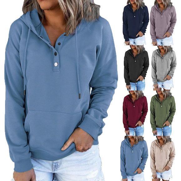 Long-sleeved Hooded Sweatshirt with Pockets, Fashion Casual Button Drawstring Design Hoodie Top, Spring and Autumn Sports Clothing for Women