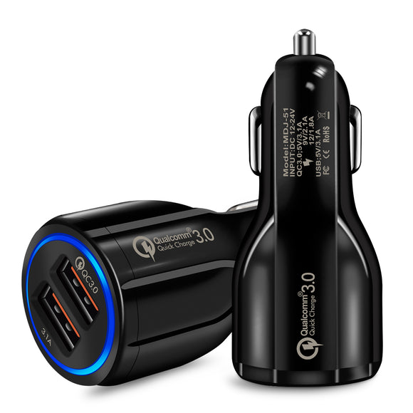 Quick Charge Car Charger for Mobile Phone, Qualcomm QC 3.0 Fast Charging Adapter, Mini Dual USB Car Charger