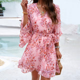 Summer Floral Print Short Sleeves Frock, Lace-up Ruffles Design Fashion V-neck Short Dresses, Women's Clothing