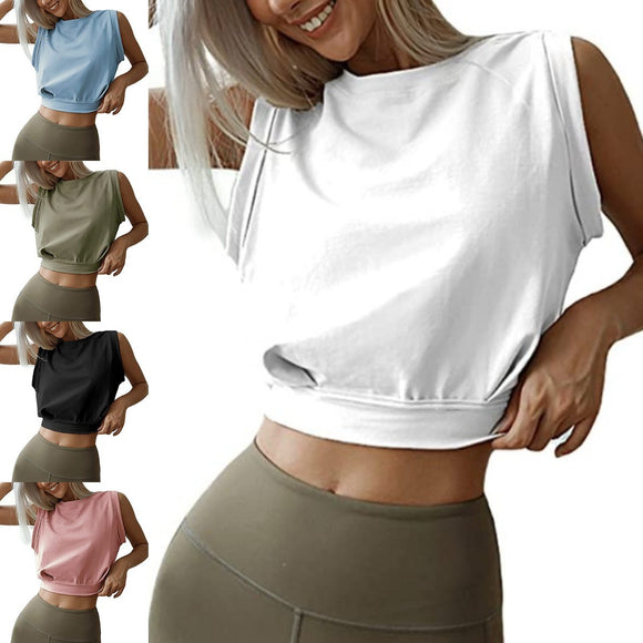 Sexy Navel-exposed Sweatshirt, Summer Loose Sleeveless T-shirt, Running Fitness Yoga Crop Tops, Women's Clothing