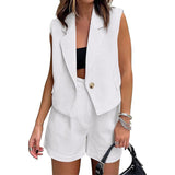 Leisure Commute Button Sleeveless Midriff-baring, Vest Coat and High Waist Shorts, Two-piece Set