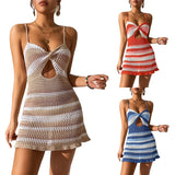 Women's Knitted Spaghetti Strap Dress, Summer Stripes Twisted Crochet, Cutout Party Mini Dress for Beach Cocktail Nightclub