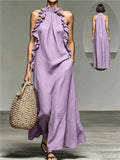 Ruffled Halter Neck Maxi Dress – Sleeveless Resort Style Flowy Party Wear
