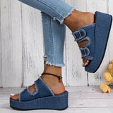 Denim Buckle Wedges or Sandals, Summer Outdoor High Heel Slippers, Thick Bottom Camouflage Shoes for Women