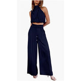 Casual Sleeveless Midriff-baring, Top and Wide Leg Pants, 2 Pcs Set, Summer Suits Women's Clothing